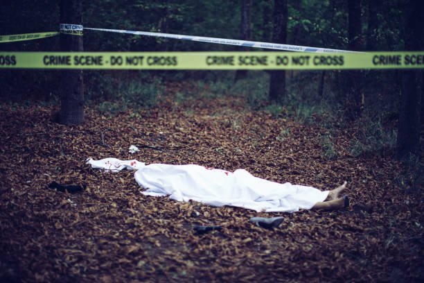 Dead body covered with sheet on murder crime scene